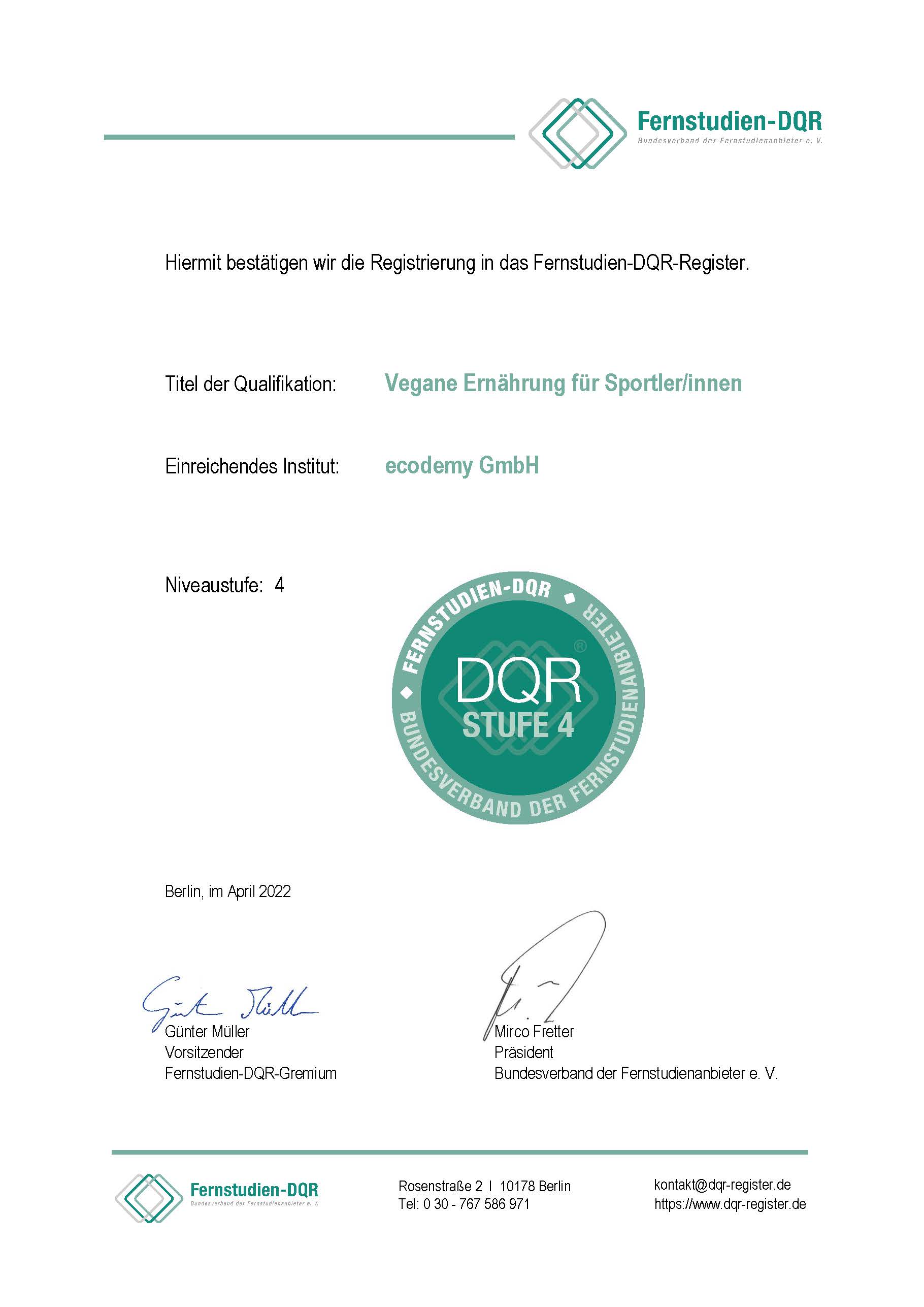 Fernstudien-DQR-Niveau ecodemy Vegane Ernährung für Sportler